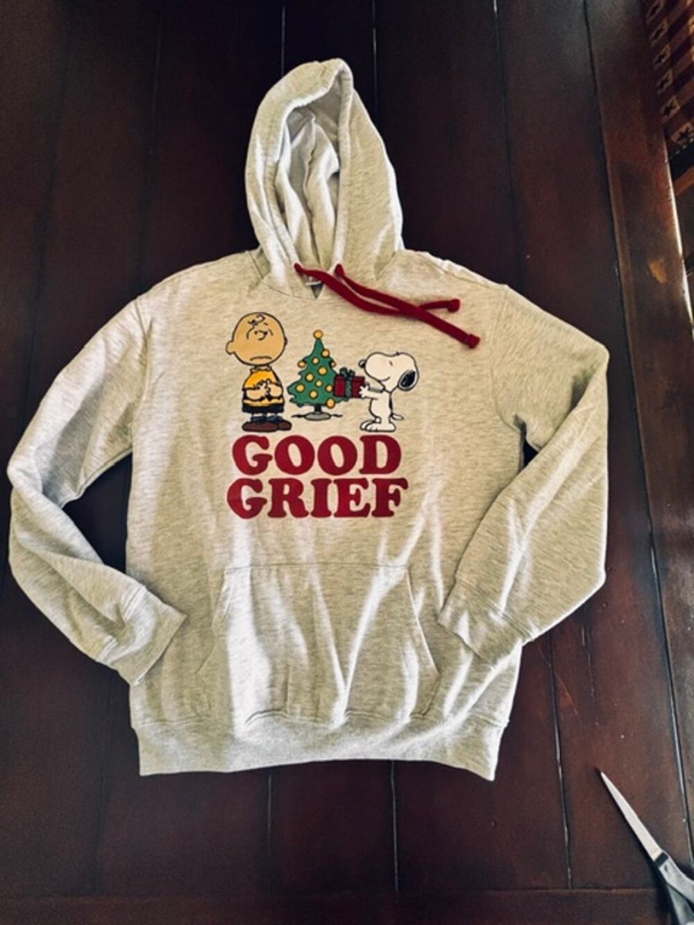 Peanuts Juniors M 7-9 Good Grief Christmas Hoodie Snoopy Charlie Brown Gray